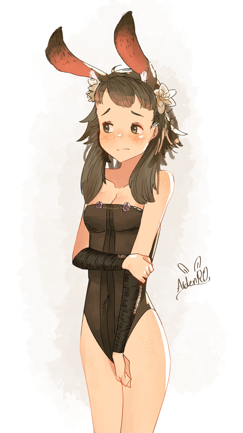 absurdres alternate_costume animal_ear_fluff animal_ears arm_wrap artist_name averting_eyes bare_shoulders blush body_freckles breasts brown_hair brown_leotard cleavage closed_mouth collarbone commentary covered_navel cowboy_shot english_commentary female fire_emblem fire_emblem_fates flower freckles hair_flower hair_ornament hand_up highres holding_own_arm legs_together leotard looking_to_the_side medium_hair mozu_(fire_emblem) nose_blush playboy_bunny rabbit_ears rabbit_girl raised_eyebrows signature simple_background small_breasts solo spindle_(aidenr0) split_mouth standing strapless strapless_leotard thighs white_background white_flower