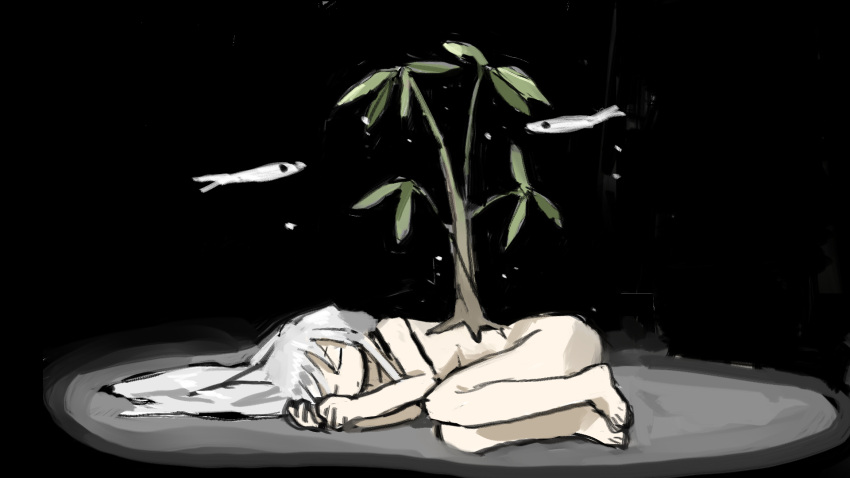 black_background closed_eyes closed_mouth completely_nude female fish full_body highres long_hair lying nude on_side original simple_background solo tree tsukumizu_yuu white_hair