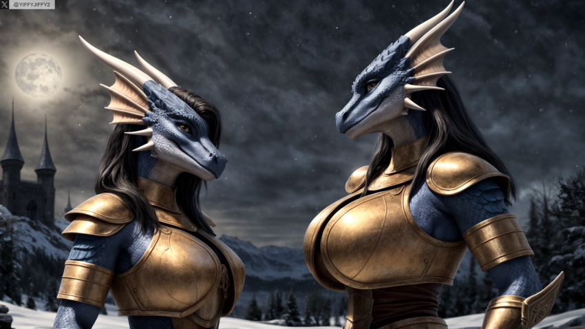 2girls ai_generated anthro armor artist_name black_hair blue_skin breasts colored_skin female_anthro full_moon furry furry_female hi_res high_resolution highres large_breasts long_hair moon multiple_girls night photorealistic realistic reptile scales scalie sky snow stable_diffusion twitter twitter_username watermark yiffyjiffy2 yiffyjiffy69