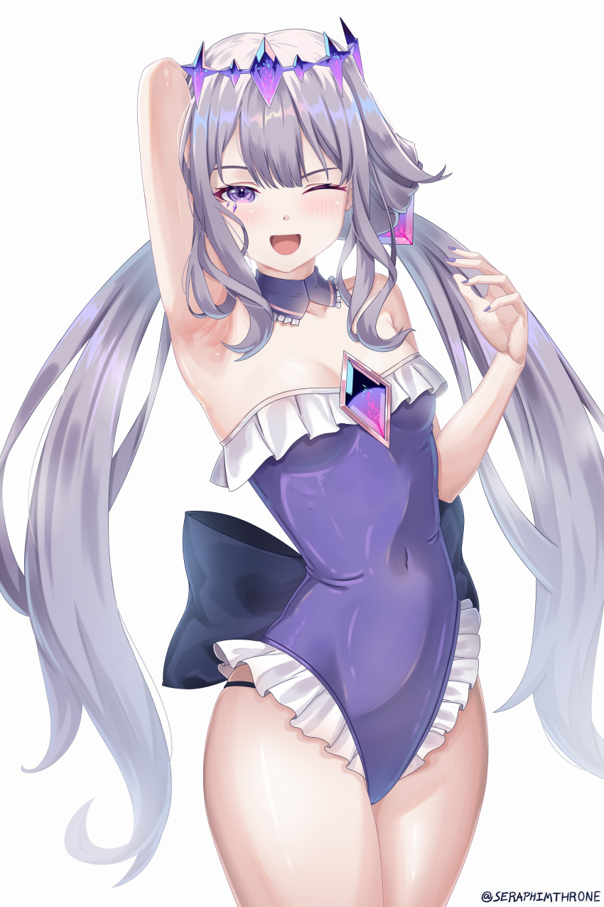 absurdres armpits bare_shoulders black_bow bow breasts chest_jewel covered_navel detached_collar english_commentary female gem gem_hair_ornament grey_hair highres hololive hololive_english jewel_under_eye koseki_bijou long_hair looking_at_viewer multiple_tails one-piece_swimsuit one_eye_closed open_mouth purple_eyes purple_gemstone purple_nails purple_one-piece_swimsuit seraphim_throne simple_background small_breasts smile solo standing swimsuit tail twintails twitter_username very_long_hair virtual_youtuber white_background