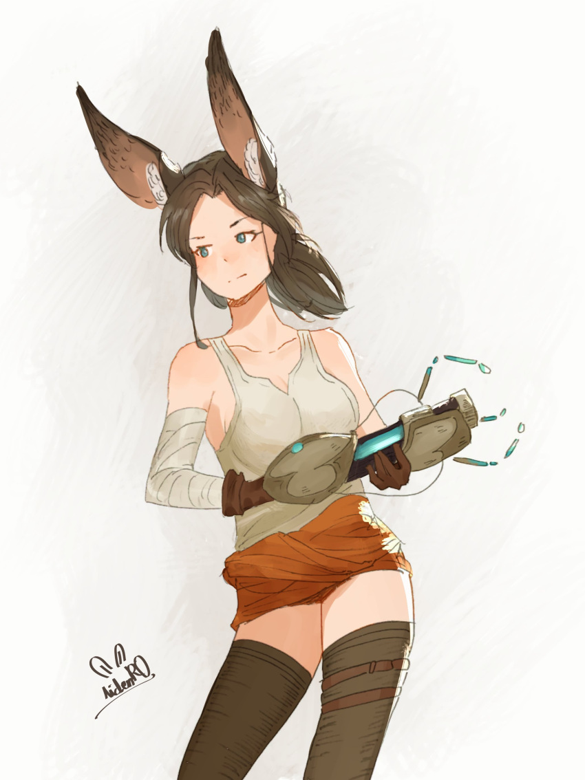 absurdres animal_ear_fluff animal_ears aperture_science_handheld_portal_device artist_name bandaged_arm bandages bare_shoulders black_thighhighs blue_eyes blush breasts brown_gloves brown_hair chell closed_mouth collarbone commentary cowboy_shot english_commentary female gloves grey_background hair_intakes highres holding holding_weapon kemonomimi_mode light_blush looking_afar medium_breasts medium_hair mixed_media nose_blush orange_shorts ponytail portal_(series) rabbit_ears rabbit_girl shirt short_shorts shorts sidelocks signature simple_background sleeveless sleeveless_shirt solo spindle_(aidenr0) split_mouth standing thighhighs thighs two-handed weapon white_shirt