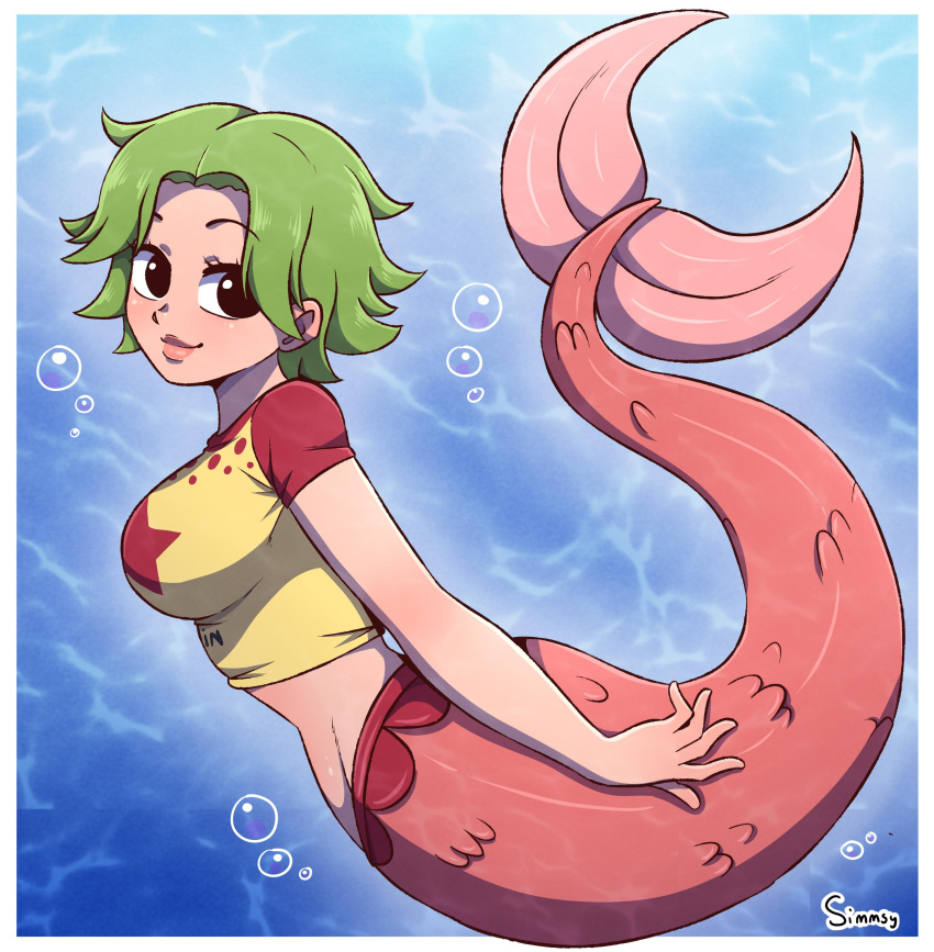 absurdres artist_name bubble camie_(one_piece) closed_mouth crop_top cropped_shirt english_commentary female full_body green_hair highres looking_at_viewer mermaid monster_girl one_piece pink_lips short_hair short_sleeves simmsy smile solo star_(symbol) two-tone_shirt underwater