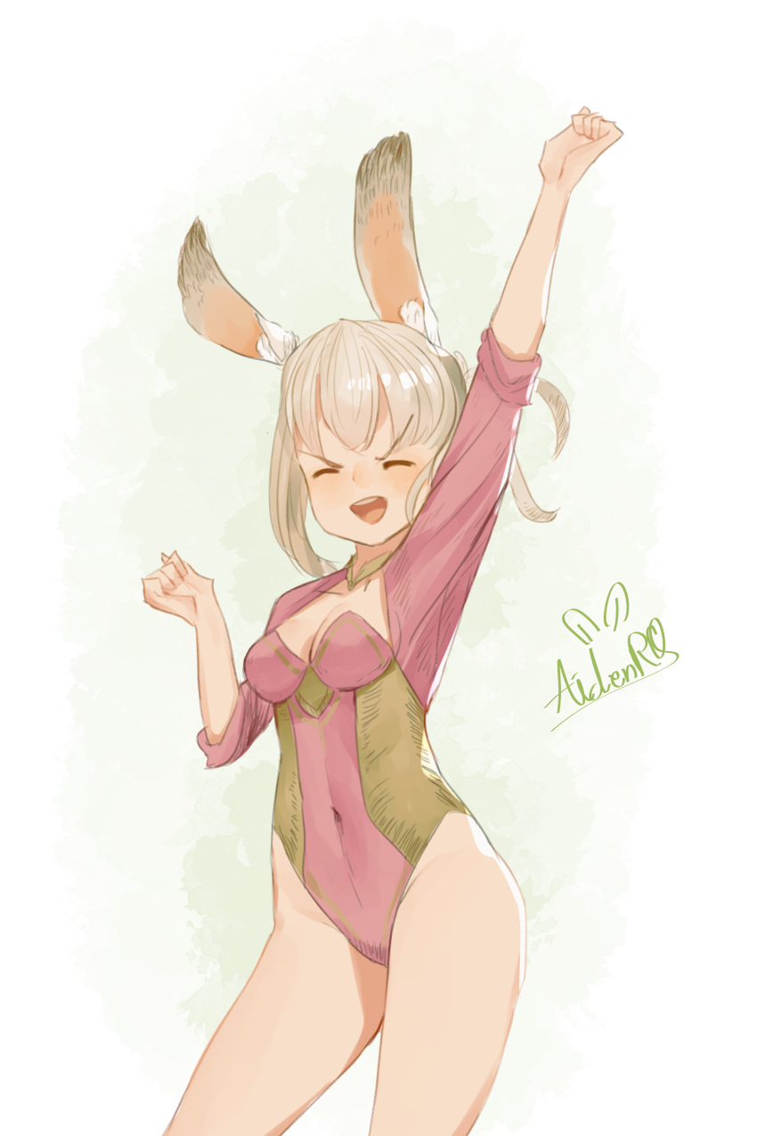 ^_^ absurdres alternate_costume animal_ear_fluff animal_ears arm_up artist_name breasts cleavage clenched_hands closed_eyes commentary covered_navel cowboy_shot effie_(fire_emblem) english_commentary female fire_emblem fire_emblem_fates green_background grey_hair groin hand_up happy highres leotard medium_breasts open_mouth outstretched_arm pink_leotard playboy_bunny rabbit_ears rabbit_girl short_hair signature simple_background sleeved_leotard sleeves_rolled_up smile solo spindle_(aidenr0) standing teeth v-shaped_eyebrows