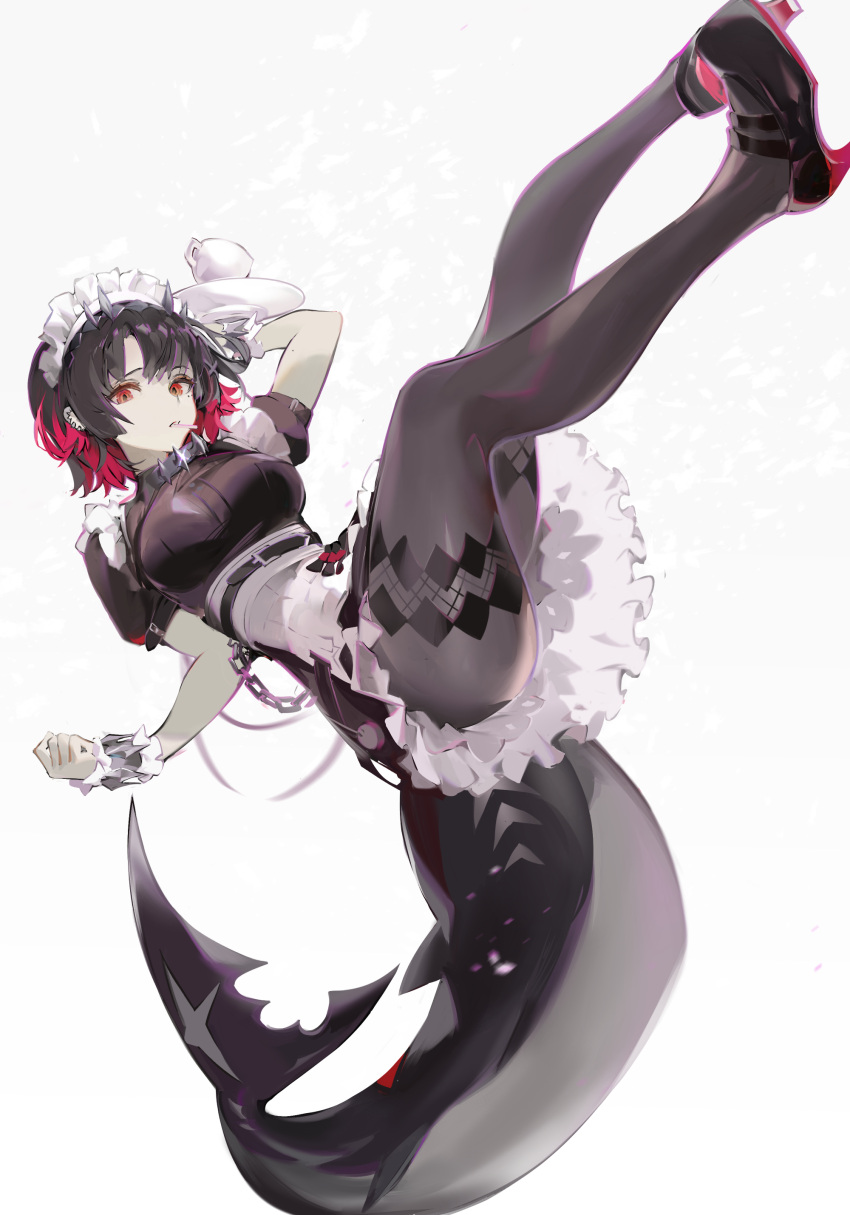 absurdres black_dress black_hair breasts colored_inner_hair dress ellen_joe falling female fins fish_tail highres koio large_breasts legs maid maid_headdress metal_hairband mole mole_under_eye multicolored_hair puffy_sleeves red_eyes red_hair scar_on_tail shark_girl shark_tail short_hair short_sleeves simple_background solo tail white_background zenless_zone_zero