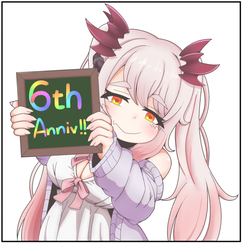 anniversary blush bow breasts cardigan cleavage closed_mouth commentary_request cowboy_shot demon_girl demon_horns female highres holding holding_sign horns indie_virtual_youtuber large_breasts long_hair looking_at_viewer oerba_yun_fang open_cardigan open_clothes pink_bow pink_hair purple_cardigan rainbow_text red_horns sign simple_background skin_fang smile solo suou_patra taganogi twintails virtual_youtuber white_background yellow_eyes