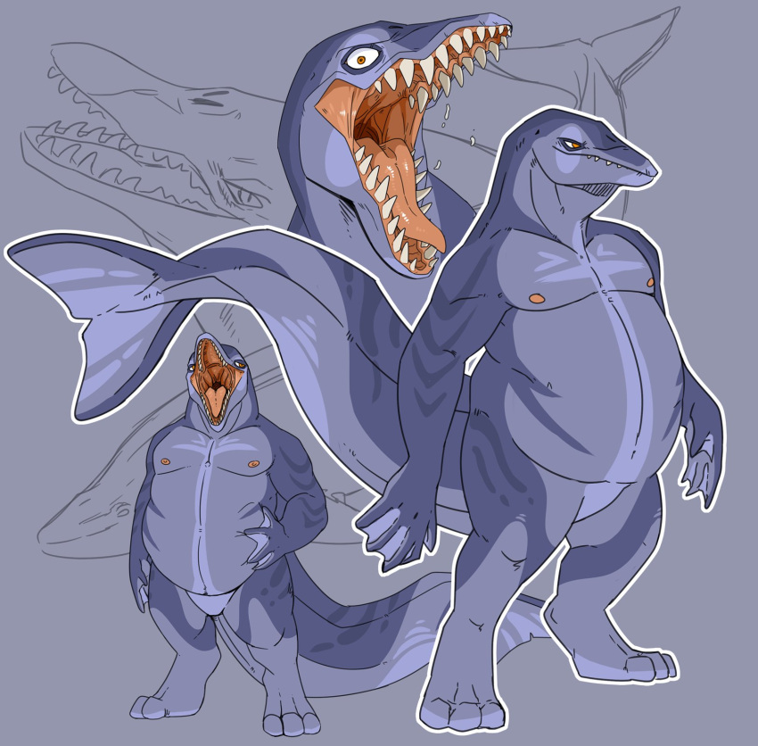 anthro belly big_belly blue_body cetacean dolphin featureless_crotch grey_body hi_res imperatorcaesar male mammal marine membrane_(anatomy) model_sheet nipples nude open_mouth orange_eyes orange_nipples orange_tongue overweight overweight_anthro overweight_male sharp_teeth solo standing teeth tongue toothed_whale webbed_hands