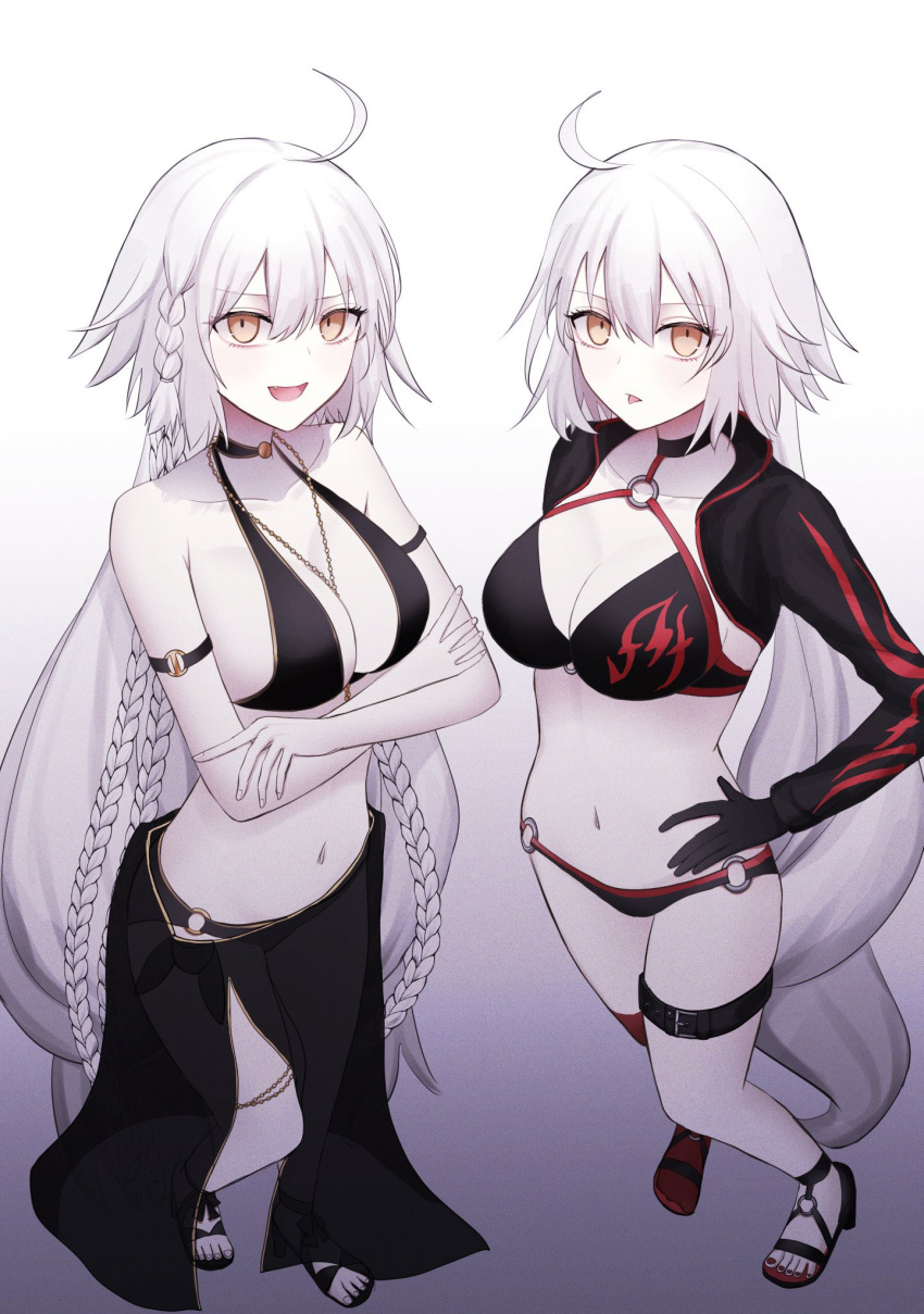 2girls ahoge bikini black_bikini black_choker black_gloves black_jacket black_sarong braid breasts choker cleavage commentary_request cropped_jacket crossed_arms dual_persona fate/grand_order fate_(series) full_body gloves grey_hair hair_between_eyes hand_in_own_hair highres jacket jeanne_d'arc_alter_(fate) jeanne_d'arc_alter_(festival_outfit)_(fate) jeanne_d'arc_alter_(swimsuit_berserker)_(fate) long_hair looking_at_viewer medium_breasts multiple_girls navel official_alternate_costume pale_skin roro_982 sandals sarong smile stomach swimsuit toenails toes tongue tongue_out very_long_hair yellow_eyes