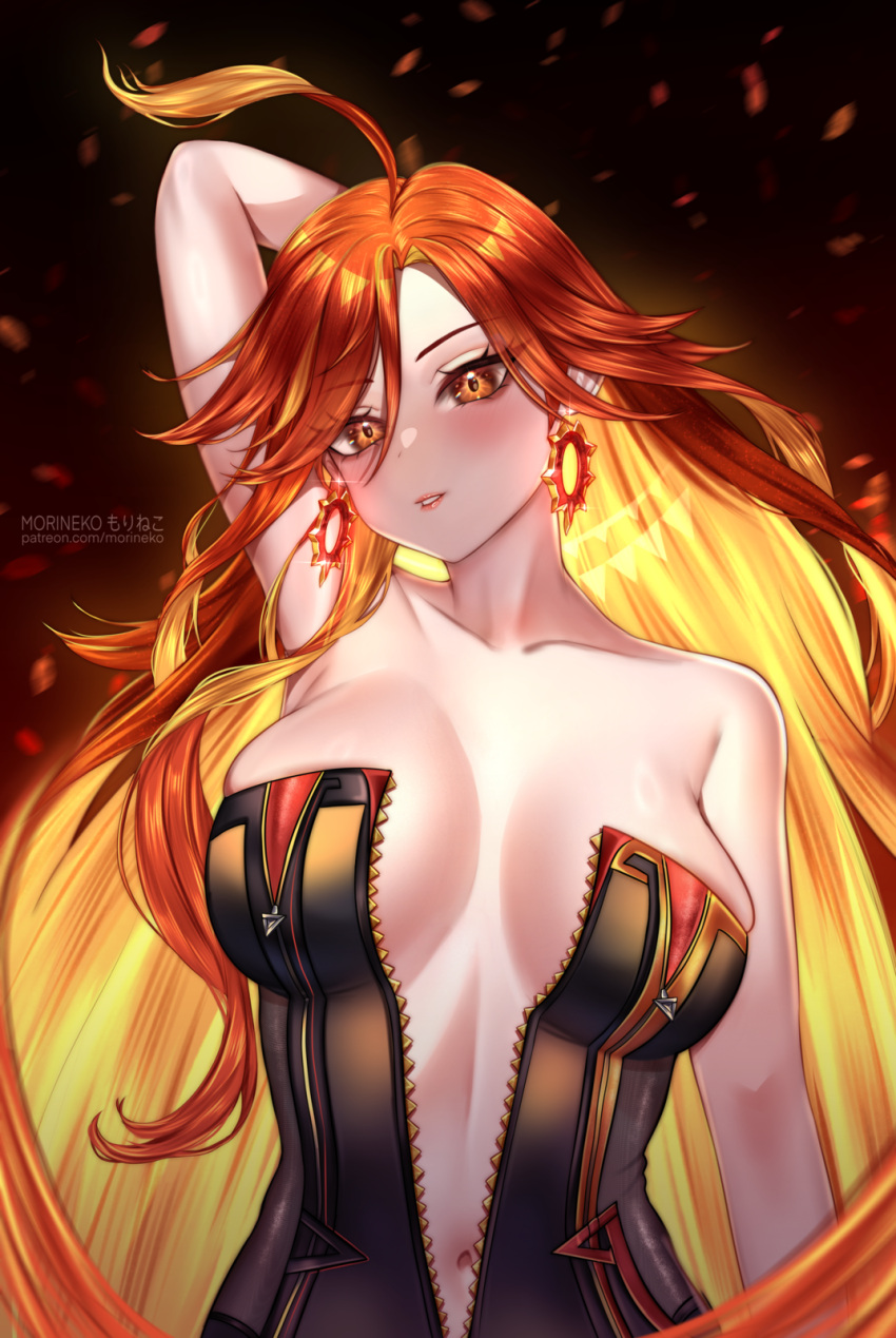 adapted_costume ahoge arm_up armpits blush breasts earrings female genshin_impact highres jewelry large_breasts long_hair looking_at_viewer mavuika_(genshin_impact) morineko multicolored_hair navel open_mouth orange_eyes orange_hair red_hair solo sun-shaped_pupils symbol-shaped_pupils two-tone_hair very_long_hair