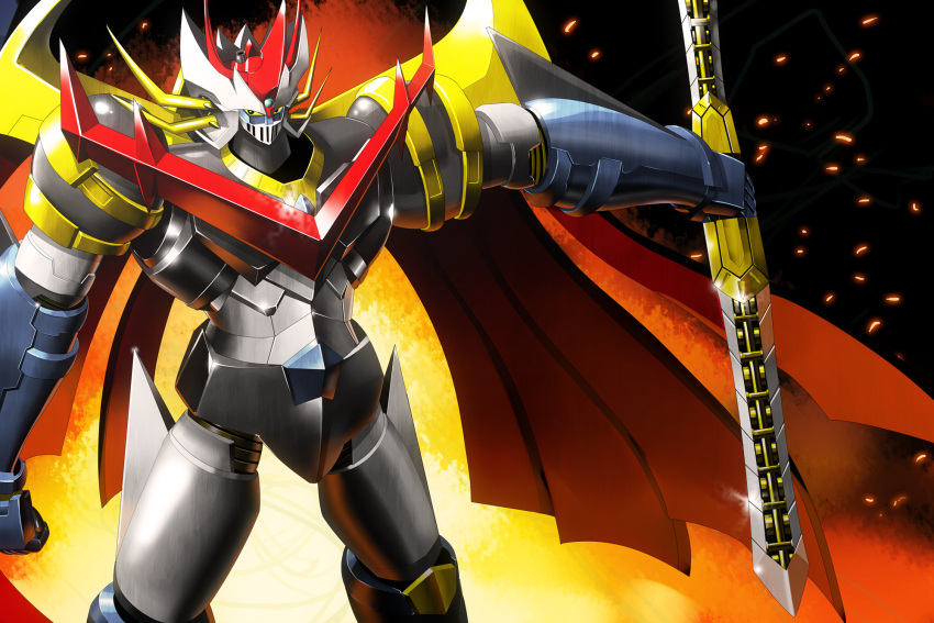 cape clenched_hands highres holding holding_sword holding_weapon horns looking_at_viewer mazinemperor_g mazinger_(series) mecha mecha_focus moyashi_(karamisouma) nagai_gou_(style) no_humans robot science_fiction solo super_robot super_robot_wars super_robot_wars_v sword weapon yellow_eyes