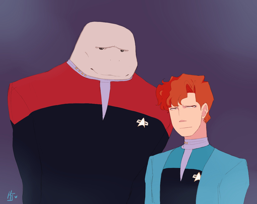 2boys :3 alien another_world buddy_(another_world) commentary_request kalechip lester_knight_chaykin multiple_boys orange_eyes orange_hair partial_commentary smile star_trek starfleet_uniform uniform