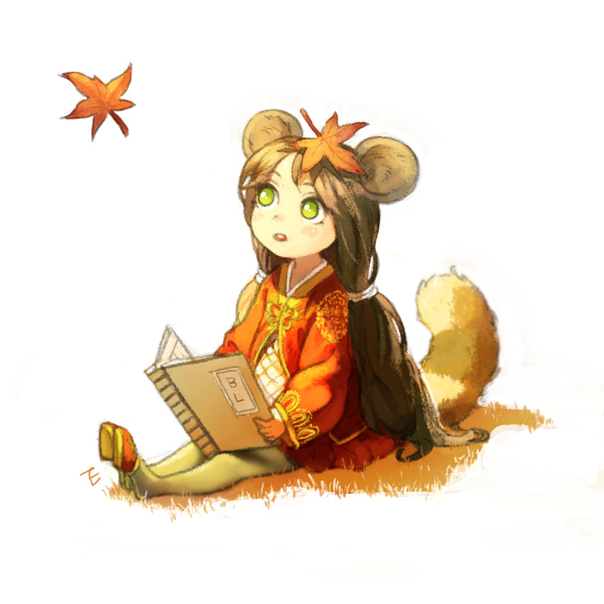 absurdres animal_ears autumn_leaves blade_&_soul book brown_hair commentary_request dicorndl female green_eyes highres leaf long_hair lyn_(blade_&_soul) maple_leaf open_mouth simple_background sitting solo tail very_long_hair white_background