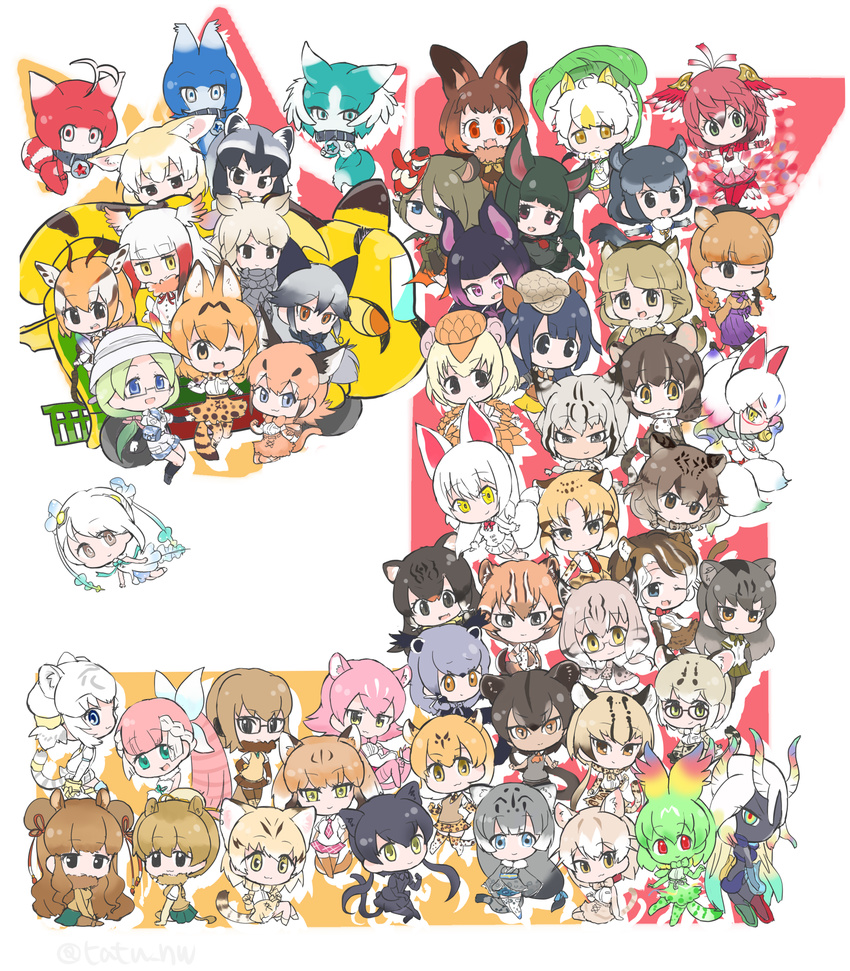 6+girls :3 :d ;d animal_ears animal_print annotated armadillo_ears armor asian_golden_cat_(kemono_friends) bactrian_camel_(kemono_friends) bat_ears bat_wings beret binturong_(kemono_friends) black_eyes black_hair black_leopard_(kemono_friends) blonde_hair blue_eyes blunt_bangs bobcat_(kemono_friends) bow bowtie brown_eyes brown_hair brown_long-eared_bat_(kemono_friends) bun_cover byakko_(kemono_friends) camel_ears camel_tail caracal_(kemono_friends) cat_(kemono_friends) cat_ears cat_tail cellien_queen_(kemono_friends) cellval chibi chinchilla_(kemono_friends) chinchilla_ears chinchilla_tail clouded_leopard_(kemono_friends) collar colored_skin commentary_request common_raccoon_(kemono_friends) common_vampire_bat_(kemono_friends) cool_beast_(kemono_friends) double_bun dromedary_(kemono_friends) eurasian_lynx_(kemono_friends) fangs fennec_(kemono_friends) flat-headed_cat_(kemono_friends) flying fossa_(kemono_friends) fox_tail fraternal_myotis_(kemono_friends) fur_collar fur_trim gazelle_ears gazelle_horns geoffroy's_cat_(kemono_friends) giant_armadillo_(kemono_friends) giant_pangolin_(kemono_friends) glasses gradient_hair grey_hair hair_bun hat head_wings helmet highres hilgendorf's_tube-nose_bat_(kemono_friends) hipparion_(kemono_friends) honduran_white_bat_(kemono_friends) horns iriomote_cat_(kemono_friends) jaguarundi_(kemono_friends) japanese_crested_ibis_(kemono_friends) japari_bus jungle_cat_(kemono_friends) kemono_friends kyuubi_(kemono_friends) leopard_(kemono_friends) leopard_ears leopard_print leopard_tail long_hair looking_at_viewer low-tied_long_hair low_twintails marbled_cat_(kemono_friends) margay_(kemono_friends) mask mask_on_head meerkat_(kemono_friends) mirai_(kemono_friends) motor_vehicle multicolored_eyes multicolored_hair multicolored_skin multiple_girls necktie ocelot_(kemono_friends) oinari-sama_(kemono_friends) one_eye_closed open_mouth orange_hair pangolin_ears pangolin_tail panther_ears panther_tail passion_beast_(kemono_friends) peach_panther_(kemono_friends) pink_fairy_armadillo_(kemono_friends) pink_hair pith_helmet puma_(kemono_friends) pure_beast_(kemono_friends) purple_eyes purple_hair raccoon_ears red_eyes red_hair sand_cat_(kemono_friends) serval_(kemono_friends) shirt short_hair silver_fox_(kemono_friends) skirt skyfish_(kemono_friends) smile smug snow_leopard_(kemono_friends) suzaku_(kemono_friends) tail tatsuno_newo tengu_mask thomson's_gazelle_(kemono_friends) translated twintails twitter_username van white_background white_hair white_rhinoceros_(kemono_friends) wings yellow_eyes