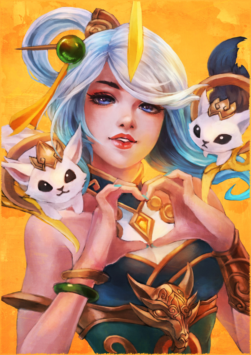 absurdres alternate_costume animal animal_on_shoulder armlet blue_eyes blue_hair bracelet commentary english_commentary eyelashes female hair_ornament hair_rings heart heart_hands highres jewelry league_of_legends lips lipstick lunar_empress_lux lux_(league_of_legends) makeup monori_rogue multicolored_hair photoshop_(medium) white_hair