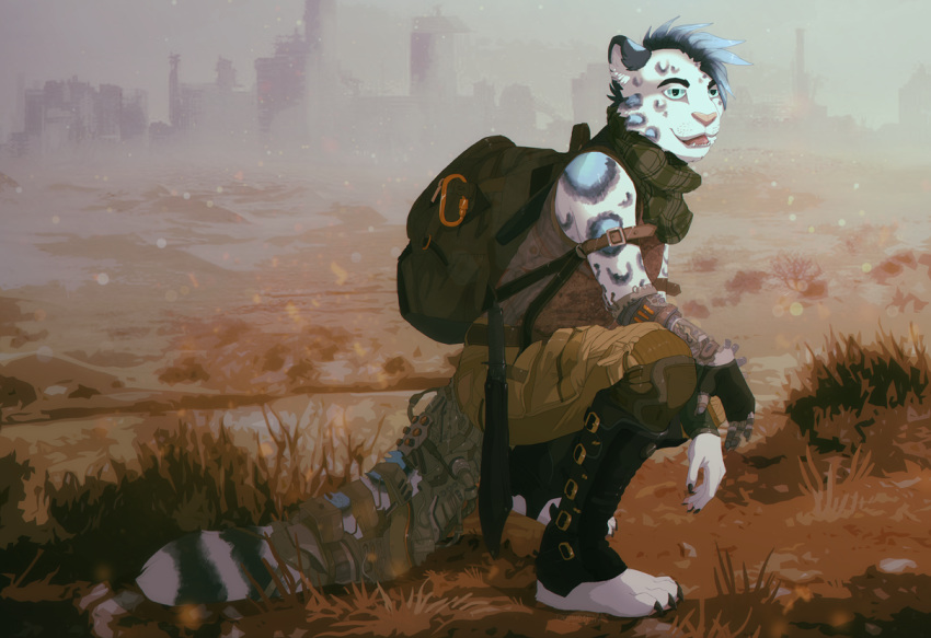 anthro backpack biped clothed clothing crouching felid field fully_clothed fur grass hair jeanwoof male mammal open_mouth outside pantherine plant sky skyline snow snow_leopard snowing solo victory_(texdot)