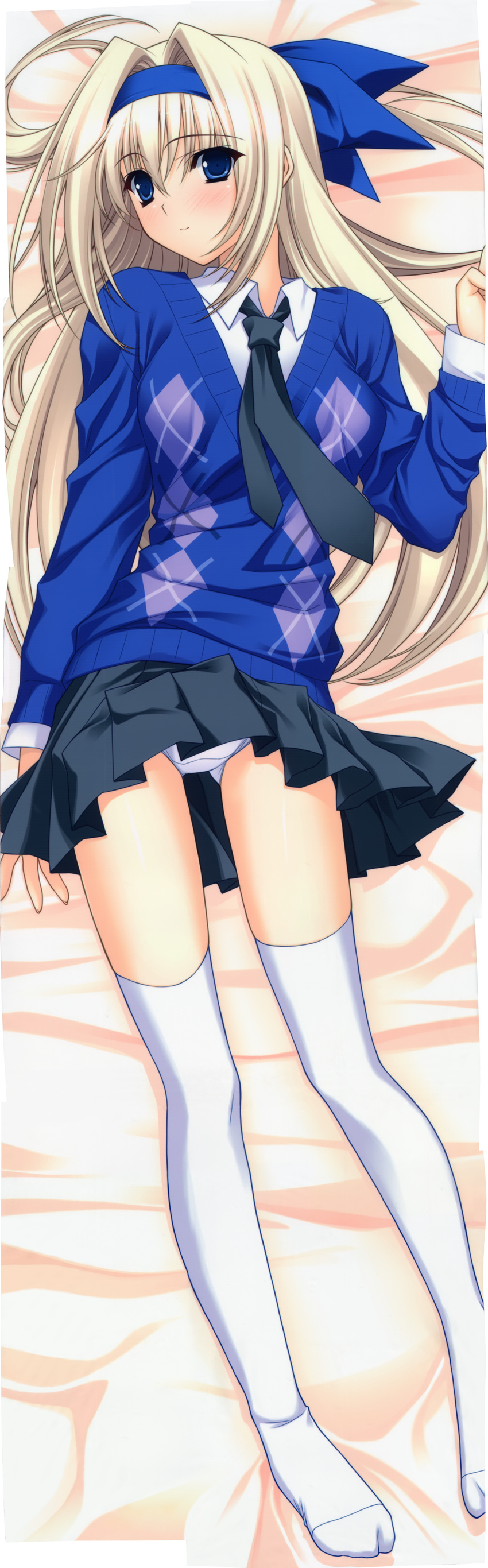 absurdres argyle blonde_hair blue_eyes clothes_lift dakimakura_(medium) female hair_intakes highres kanou_seia long_hair lying necktie panties pantyshot school_uniform skirt skirt_lift solo stellar_theater suzuhira_hiro sweater thighhighs underwear white_panties white_thighhighs