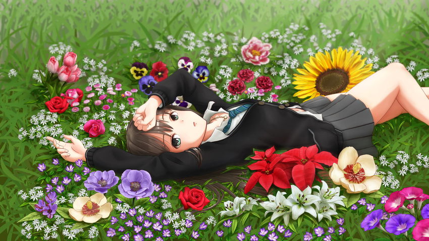 anemone_(flower) arms_up black_hair blue_flower blue_pansy carnation commentary_request crocus_(flower) female field flower flower_field flower_request ggxfan grass green_eyes grey_skirt hand_on_forehead highres idolmaster idolmaster_cinderella_girls jewelry lily_(flower) long_hair long_sleeves looking_at_viewer lying magnolia miniskirt multicolored_flower multicolored_rose navel necklace necktie on_grass on_ground pansy parted_lips peony_(flower) petunia_(flower) photoshop_(medium) pink_flower pink_rose pink_tulip pleated_skirt poinsettia purple_flower purple_pansy red_carnation red_flower red_pansy red_rose rose school_uniform shibuya_rin skirt solo sunflower sunflower_field tulip white_flower white_lily yellow_flower yellow_pansy