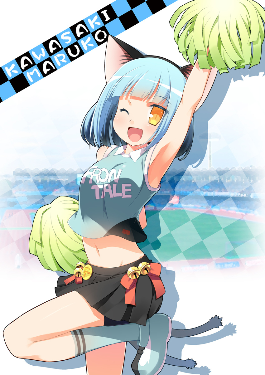 ;d armpits bell bike_shorts bike_shorts_under_skirt black_shorts blue_hair cheerleader commentary_request female highres hoppege j._league jingle_bell kawasaki_frontale kawasaki_maruko midriff miniskirt multiple_tails navel one_eye_closed open_mouth pom_pom_(cheerleading) shorts skirt smile solo standing standing_on_one_leg tail two_tails yellow_eyes