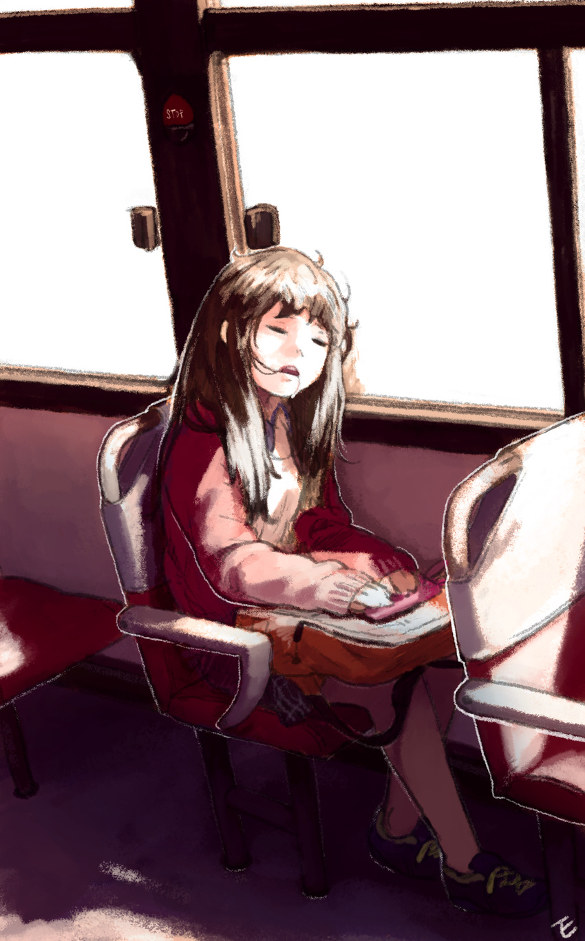 absurdres bag brown_hair bus bus_interior closed_eyes commentary_request dicorndl drooling female highres long_hair motor_vehicle open_mouth original saliva shoes sitting sleeping sleeping_upright solo