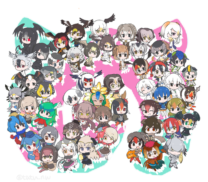 >:) 6+girls :/ :d ;) acorn_woodpecker_(kemono_friends) annotated arctic_tern_(kemono_friends) arms_at_sides atlantic_puffin_(kemono_friends) bald_eagle_(kemono_friends) bandaid bandaid_on_face bandaid_on_nose barn_owl_(kemono_friends) bird_wings black_eyes black_hair blonde_hair blue_eyes blue_hair bodystocking bow bowtie brown_eyes brown_hair campo_flicker_(kemono_friends) chibi chips_(food) chukar_partridge_(kemono_friends) coat commentary_request common_cuckoo_(kemono_friends) dark-skinned_female dark_skin darwin's_finch_(kemono_friends) dodo_(kemono_friends) dress egg electric_guitar empty_eyes emu_(kemono_friends) eurasian_eagle_owl_(kemono_friends) flower food forest_owlet_(kemono_friends) full_body fur_collar fur_trim gastornis_(kemono_friends) glasses goldcrest_(kemono_friends) golden_eagle_(kemono_friends) gradient_hair greater_bird-of-paradise_(kemono_friends) greater_honeyguide_(kemono_friends) greater_rhea_(kemono_friends) green_hair green_pheasant_(kemono_friends) grey_eyes grey_hair guadalupe_caracara_(kemono_friends) guitar hair_flower hair_ornament harpy_eagle_(kemono_friends) hat head_wings heterochromia highres holding holding_food instrument japanese_bush_warbler_(kemono_friends) japanese_cormorant_(kemono_friends) japari_chips jungle_crow_(kemono_friends) kemono_friends king_vulture_(kemono_friends) kyuushuu_owl_(kemono_friends) long_hair long_sleeves looking_at_viewer low_ponytail martial_eagle_(kemono_friends) marvellous_spatuletail_(kemono_friends) multicolored_hair multiple_girls navel neck_ribbon north_island_brown_kiwi_(kemono_friends) north_island_giant_moa_(kemono_friends) northern_goshawk_(kemono_friends) northern_white-faced_owl_(kemono_friends) okinawa_rail_(kemono_friends) one_eye_closed open_hand open_mouth orange_eyes orange_hair ostrich_(kemono_friends) outstretched_arms passenger_pigeon_(kemono_friends) peafowl_(kemono_friends) peregrine_falcon_(kemono_friends) pince-nez pink_hair potato_chips purple_eyes red_eyes red_hair red_junglefowl_(kemono_friends) resplendent_quetzal_(kemono_friends) ribbon rock_pigeon_(kemono_friends) rock_ptarmigan_(kemono_friends) ross's_gull_(kemono_friends) sarashi scarf secretarybird_(kemono_friends) shoebill_(kemono_friends) short_hair side_ponytail skirt smile smug southern_cassowary_(kemono_friends) spectacled_owl_(kemono_friends) standing striated_caracara_(kemono_friends) superb_lyrebird_(kemono_friends) tatsuno_newo translated twitter_username v-shaped_eyebrows very_long_hair very_short_hair waving white-naped_crane_(kemono_friends) white_background white_hair white_peafowl_(kemono_friends) wings yatagarasu_(kemono_friends) yellow_eyes