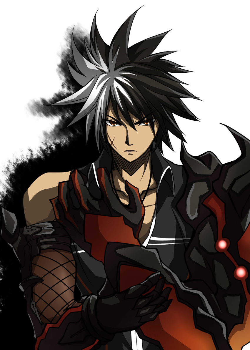 1boy absurdres armor collarbone commentary_request elsword glowing highres mechanical_arms multicolored_hair open_mouth raven_cronwell reckless_fist_(elsword) scar single_mechanical_arm spiked_hair two-tone_hair zetsuei_(zetto)