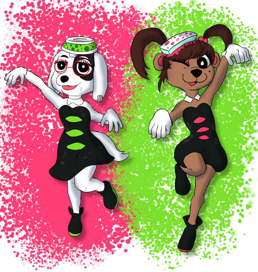 anthro beads canid canine canis clothing cosplay crossover domestic_dog dress duo ear_piercing eyelashes female fur gloria_gopher gloves gopher hair hair_beads handwear hi_res mammal mitzi_(characters) mitzi_(under_the_umbrella_tree) multiple_colors nintendo open_mouth piercing rodent smekbo splatoon under_the_umbrella_tree