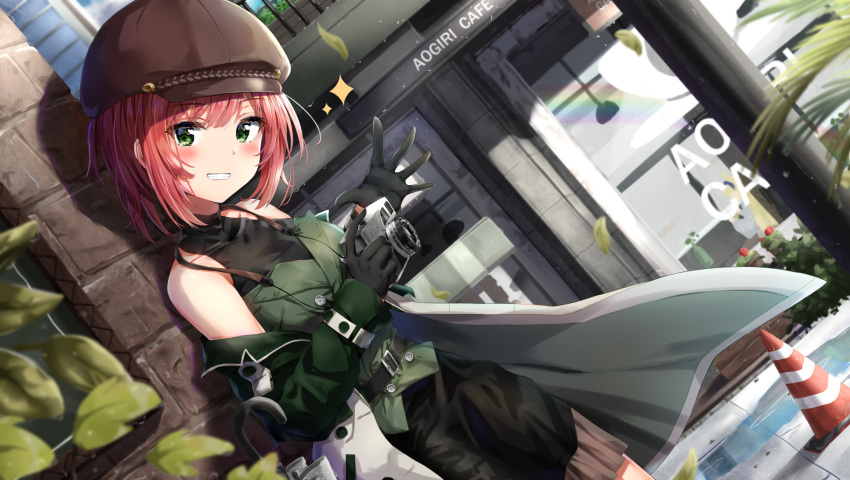 aogiri_koukou bad_id bad_pixiv_id bare_shoulders belt belt_buckle black_belt black_dress black_gloves blurry blurry_background blush brown_hat buckle cabbie_hat camera day depth_of_field dress dutch_angle female gloves green_eyes green_jacket green_vest grin hair_between_eyes hat highres holding holding_camera ishikari_akari jacket kuria_(clear_trip_second) looking_at_viewer md5_mismatch off_shoulder open_clothes open_jacket outdoors red_hair sleeveless sleeveless_dress smile solo sparkle storefront traffic_cone vest virtual_youtuber