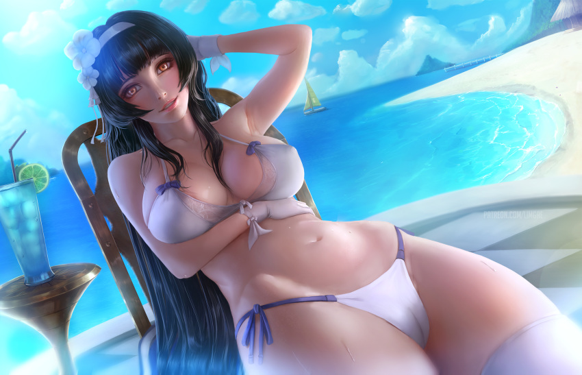 anthro beach bikini black_hair cameltoe clouds drink flowers girls_frontline gloves headband limgae long_hair navel orange_eyes qbz-95_(girls_frontline) realistic ribbons sky swimsuit water