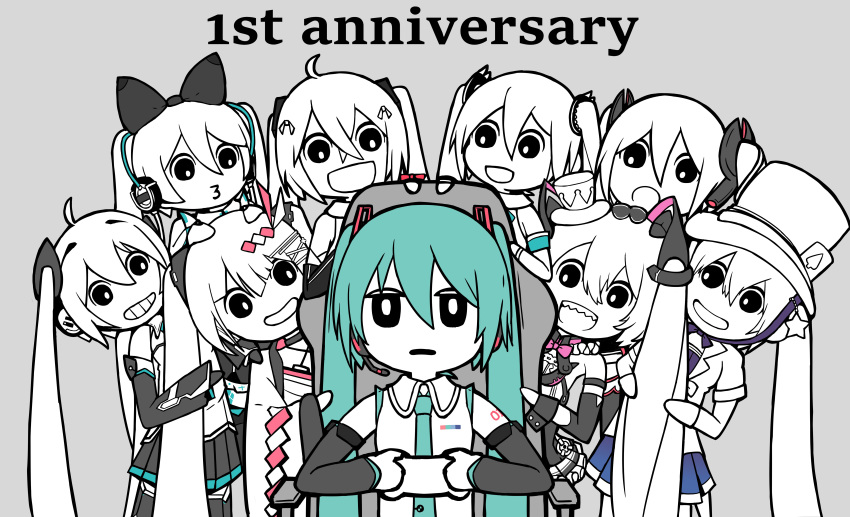 6+girls absurdres ahoge akari_ga_yatte_kitazo_(vocaloid) anniversary aqua_hair aqua_necktie bare_shoulders black_bow black_eyes black_sleeves blue_skirt bow cable card card_in_hat chair controller detached_sleeves expressionless game_controller grey_background grin gyari_(imagesdawn)_(style) hair_ornament hairbow hairclip hat hatsune_miku headphones headset highres holding holding_controller holding_game_controller japanese_clothes kimono long_hair looking_at_another looking_at_viewer magical_mirai_(vocaloid) magical_mirai_miku magical_mirai_miku_(2013) magical_mirai_miku_(2014) magical_mirai_miku_(2015) magical_mirai_miku_(2016) magical_mirai_miku_(2017) magical_mirai_miku_(2018) magical_mirai_miku_(2019) magical_mirai_miku_(2020_summer) mini_hat mini_top_hat multiple_girls multiple_persona necktie open_mouth parody partially_colored playing_card pouty_lips rennkurusu shirt shoulder_tattoo skirt sleeveless sleeveless_shirt smile spade_(shape) star_(symbol) star_hair_ornament style_parody tattoo top_hat twintails very_long_hair vocaloid white_shirt wide_sleeves yukata