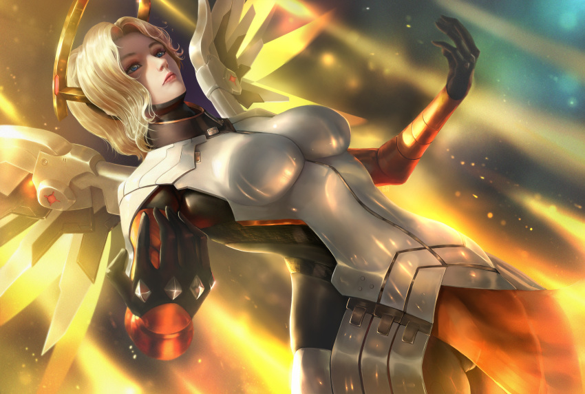 armor blonde_hair blue_eyes bodysuit breasts limgae mercy_(overwatch) overwatch realistic short_hair wings