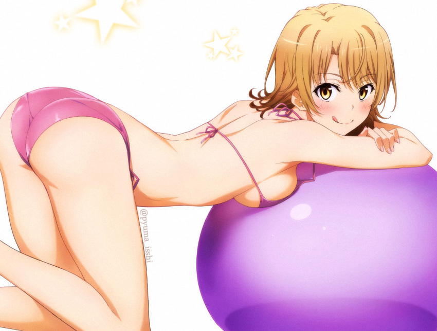 :q ass ball bikini blush breasts brown_eyes brown_hair closed_mouth commentary exercise_ball female from_behind halterneck isshi_pyuma isshiki_iroha leaning_on_ball looking_at_viewer looking_back medium_breasts pink_bikini shiny_skin short_hair side-tie_bikini_bottom sideboob simple_background smile solo string_bikini swimsuit tongue tongue_out white_background yahari_ore_no_seishun_lovecome_wa_machigatteiru.