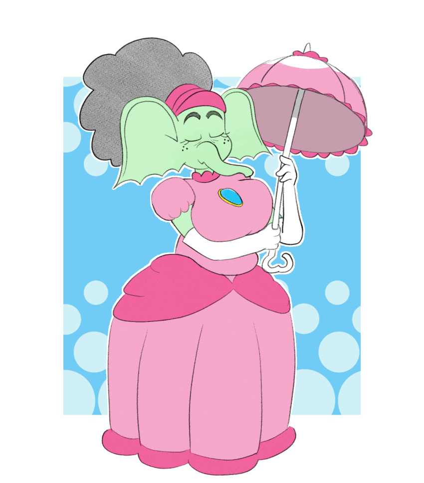 alpha_channel anthro closed_eyes clothed clothing cosplay elephant elephant_peach elephantid female green_body hi_res kiyana_(marcodile) mammal marcodile mario_bros nintendo outline princess_peach proboscidean solo super_mario_bros_wonder umbrella