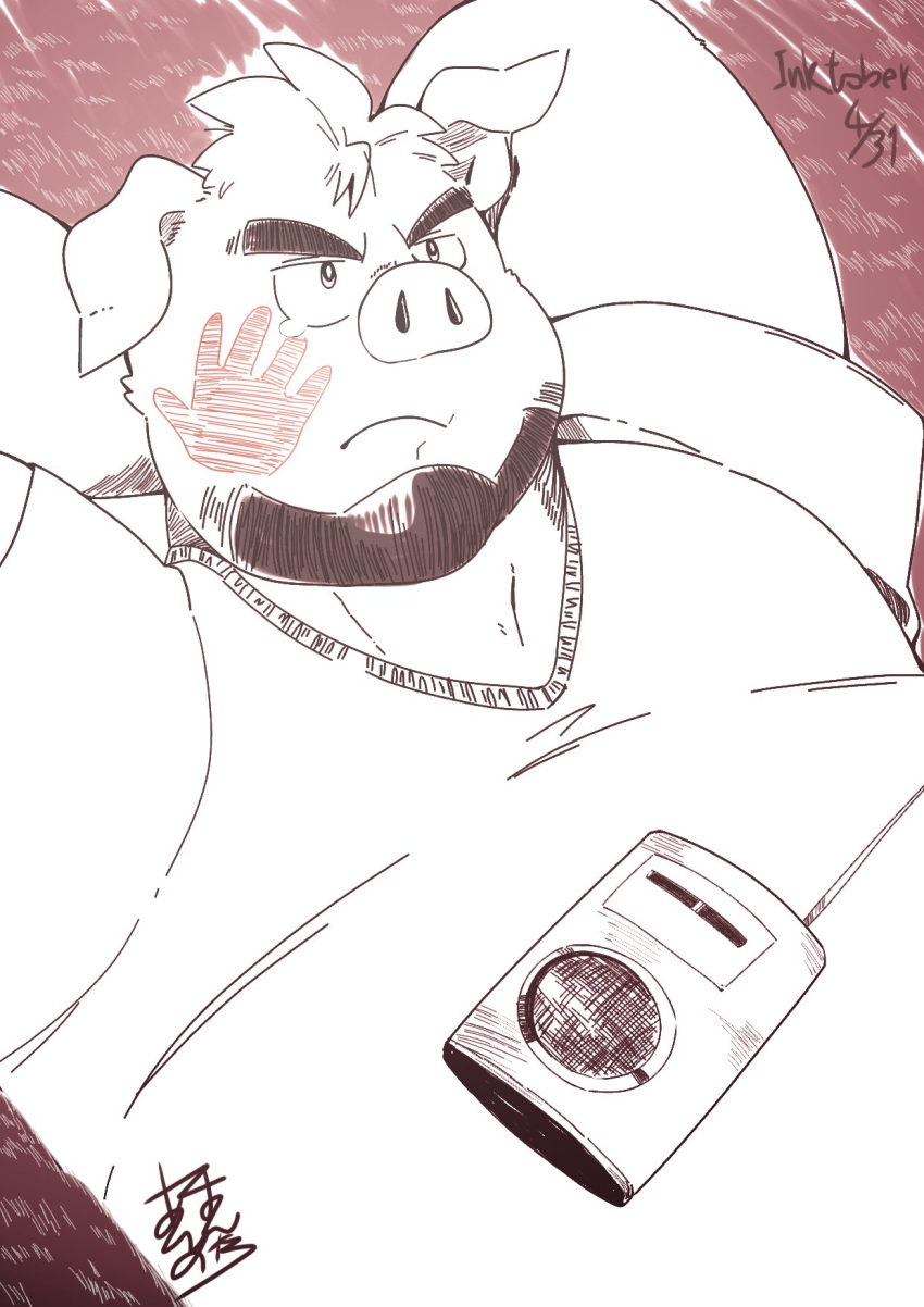 2020 anthro beard bumomomoboa clothing domestic_pig facial_hair hi_res kemono lying male mammal overweight overweight_anthro overweight_male shirt solo suid suina sus_(pig) topwear