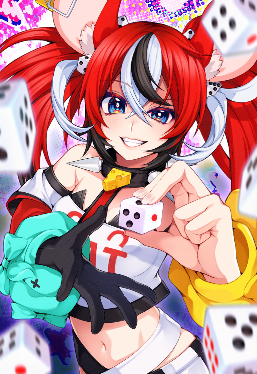 animal_ears black_gloves black_hair black_skirt blue_eyes breasts collar dice_hair_ornament female gloves grin hair_ornament hakos_baelz hakos_baelz_(1st_costume) highres holding_dice hololive hololive_english long_hair looking_at_viewer medium_breasts mouse_ears mouse_girl multicolored_clothes multicolored_hair multicolored_skirt murmoruno navel parted_lips red_hair red_skirt single_glove skirt smile solo spiked_collar spikes strapless streaked_hair teeth tube_top twintails virtual_youtuber white_hair white_skirt white_tube_top