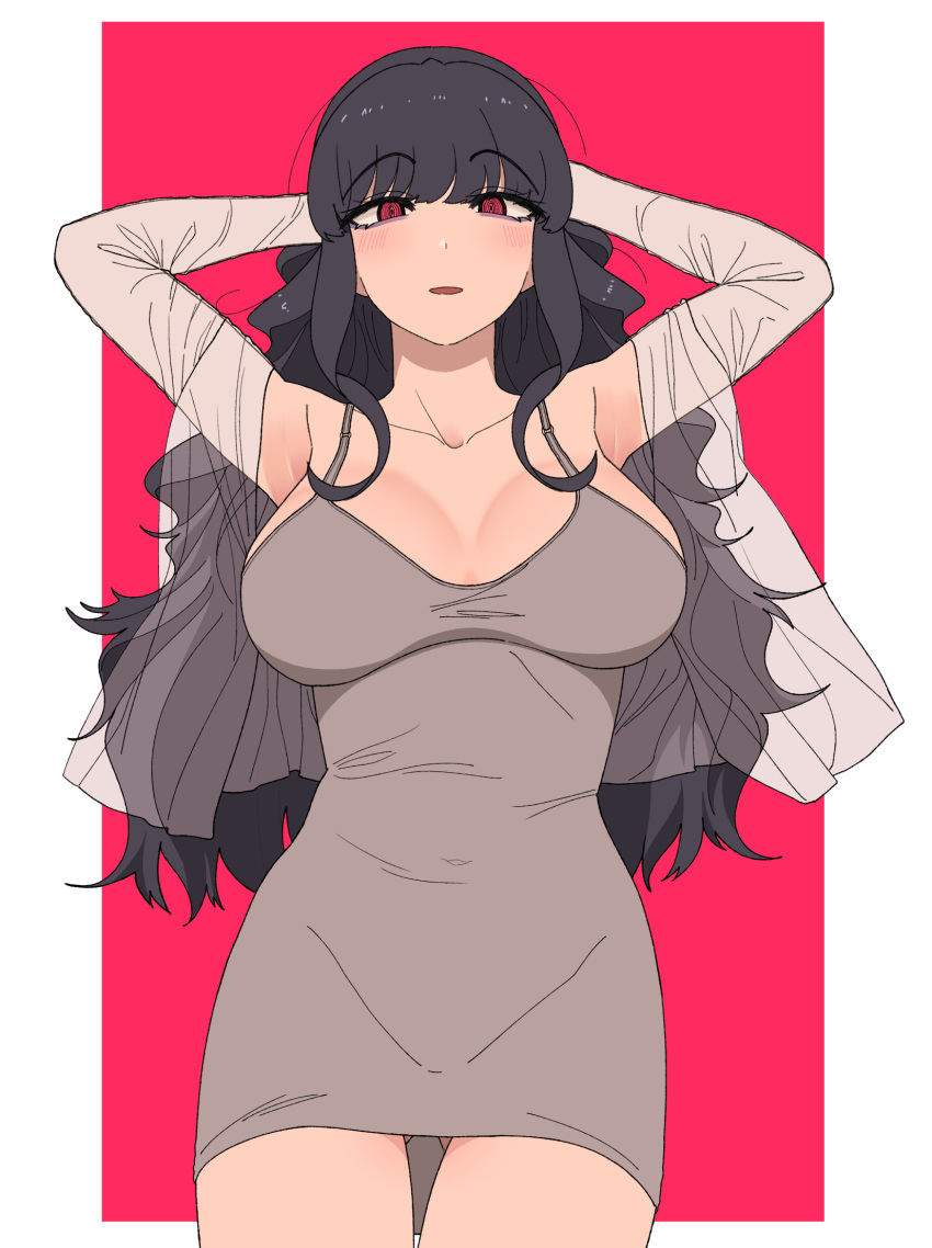 arms_up black_hair blunt_bangs blush breasts commentary_request dress female grey_dress highres korean_commentary large_breasts long_hair long_sleeves nakta open_mouth original purple_eyes see-through sidelocks simple_background sleeveless sleeveless_dress solo two-tone_background you're_under_my_skin!