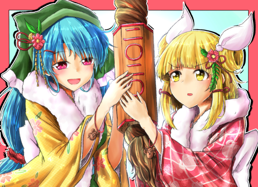 2girls :d alternate_costume aqua_background blonde_hair blue_hair blush border commentary double_bun drop_shadow feather_boa flower gradient_background hair_bun hair_flower hair_ornament hair_ribbon hair_rings haniwa_(statue) haniyasushin_keiki head_scarf highres japanese_clothes joutouguu_mayumi kimono leaf long_hair long_sleeves low-tied_long_hair multiple_girls open_mouth oshiaki outline outside_border pink_eyes pink_flower red_border red_kimono ribbon short_hair sidelocks smile touhou upper_body very_long_hair white_background white_outline white_ribbon wide_sleeves yellow_eyes yellow_kimono