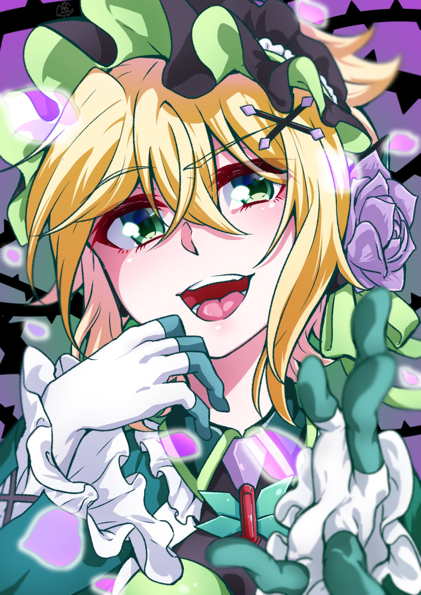 akatsuki_kirika blonde_hair blush female frilled_sleeves frills gloves green_eyes hair_ornament headdress highres kumeringo_touho looking_at_viewer outstretched_arm senki_zesshou_symphogear senki_zesshou_symphogear_xd_unlimited shiny_skin short_hair smile solo upper_body x_hair_ornament