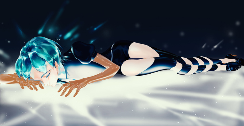 1other black_footwear black_necktie black_shorts blue_hair closed_eyes closed_mouth collared_shirt full_body gem_uniform_(houseki_no_kuni) golden_arms houseki_no_kuni lying moon-lucky necktie phosphophyllite shirt shorts solo tears