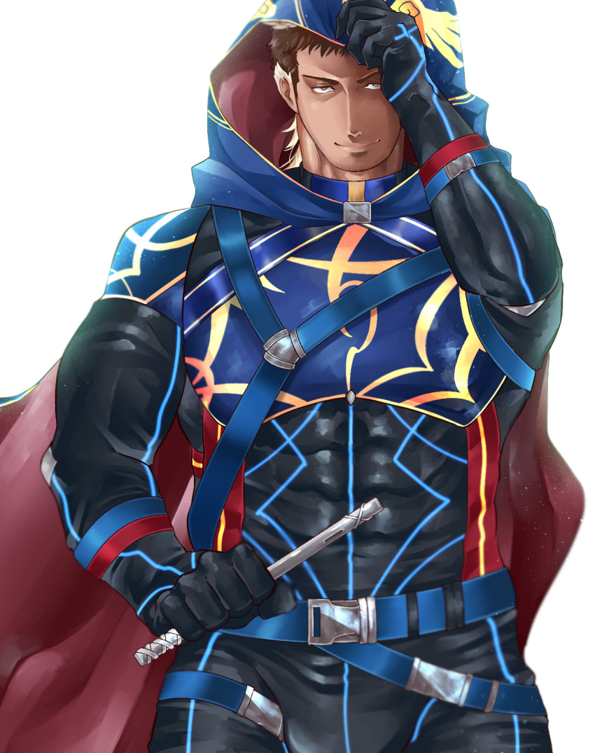 1boy adjusting_clothes adjusting_headwear animal_ears bara belt bird_ears black_bodysuit bodysuit brown_hair bulge cowboy_shot dark-skinned_male dark_skin facial_hair flute goatee_stubble hermes_(housamo) highres hood hood_up instrument itaru_(kidomh63) long_sideburns looking_at_viewer male_focus mature_male muscular muscular_male short_hair sideburns solo stomach stubble tokyo_afterschool_summoners topless_male