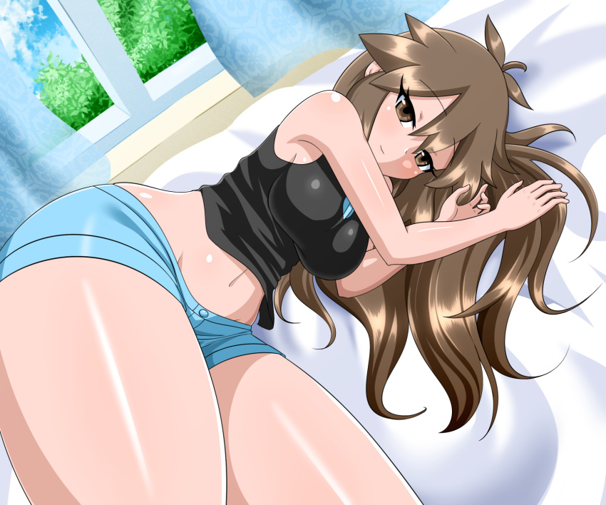 bare_arms bare_shoulders blue_shorts blush breasts brown_hair curtains female green_(pokemon) hair_between_eyes highres large_breasts long_hair looking_at_viewer lying midriff navel on_side pokemon pokemon_lgpe short_shorts shorts sidelocks smile solo thighs window yensh