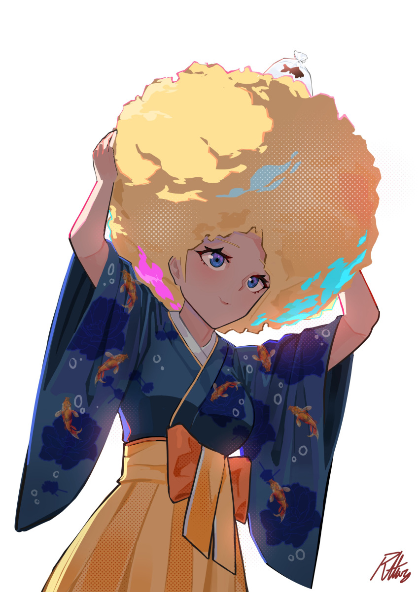 absurdres afro alternate_hairstyle animal_print bag blonde_hair blue_eyes blue_kimono female fish fish_on_head fish_print goldfish goldfish_print hair_behind_ear hakama hakama_skirt highres hololive hololive_english japanese_clothes kimono looking_ahead official_alternate_costume orange_skirt plastic_bag radical_highway skirt smile solo virtual_youtuber watson_amelia watson_amelia_(new_year)