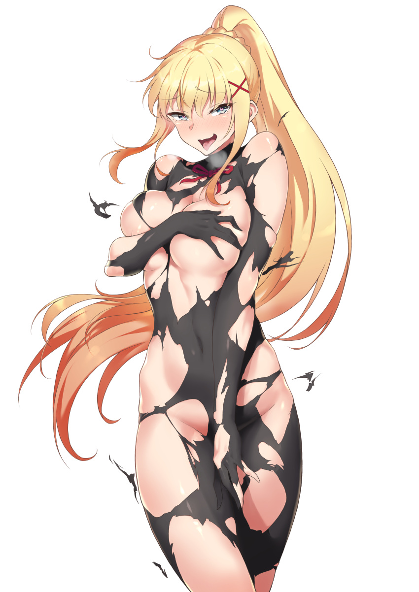 absurdres black_gloves blonde_hair blue_eyes blush bodystocking breasts commentary_request covering_breasts covering_crotch covering_privates darkness_(konosuba) female gloves hair_ornament heart heart-shaped_pupils high_ponytail highres kono_subarashii_sekai_ni_shukufuku_wo! large_breasts long_hair momihige open_mouth partial_commentary ponytail sidelocks simple_background solo symbol-shaped_pupils torn_bodystocking torn_clothes white_background x_hair_ornament