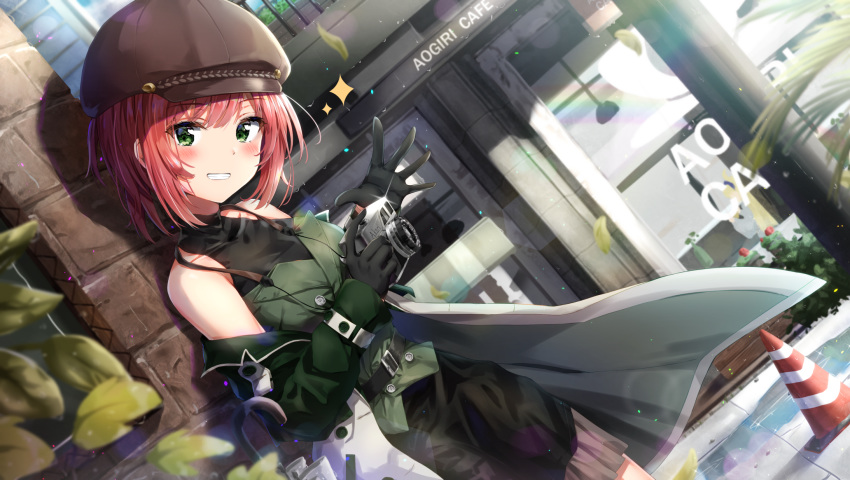 aogiri_koukou bad_id bad_pixiv_id bare_shoulders belt belt_buckle black_belt black_dress black_gloves blurry blurry_background blush brown_hat buckle cabbie_hat camera commentary day depth_of_field dress dutch_angle female glint gloves green_eyes green_jacket green_vest grin hair_between_eyes hat highres holding holding_camera ishikari_akari jacket kuria_(clear_trip_second) looking_at_viewer off_shoulder open_clothes open_jacket outdoors red_hair revision sleeveless sleeveless_dress smile solo sparkle storefront symbol-only_commentary traffic_cone vest virtual_youtuber