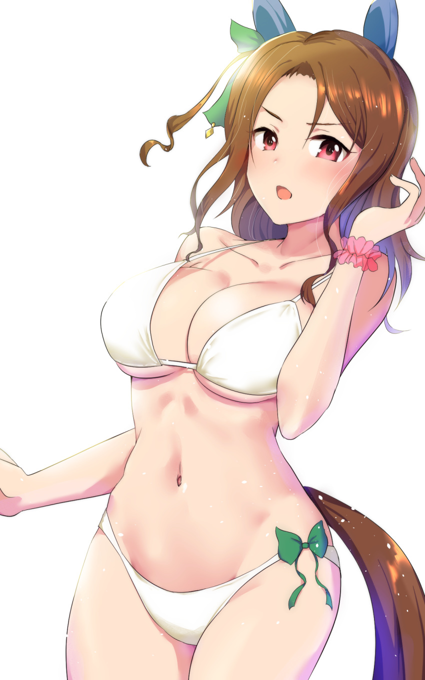 alternate_costume animal_ears bikini blush breasts brown_hair cleavage collarbone commentary cowboy_shot ear_covers female forehead highres horse_ears horse_girl horse_tail king_halo_(umamusume) large_breasts looking_at_viewer navel open_mouth red_eyes scrunchie simple_background solo sousakubito stomach swimsuit tail umamusume wavy_hair white_background white_bikini wrist_scrunchie