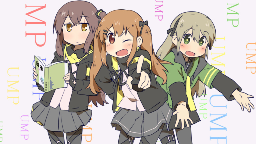 3girls 404_(girls'_frontline) arawi_keiichi_(style) armband book closed_mouth crossover girls'_frontline hyadain_no_kakakata_kataomoi_-_c jacket looking_at_viewer multiple_girls nichijou open_mouth parody plug_(feng-yushu) skirt smile style_parody ump40_(girls'_frontline) ump45_(girls'_frontline) ump9_(girls'_frontline) white_background yellow_armband