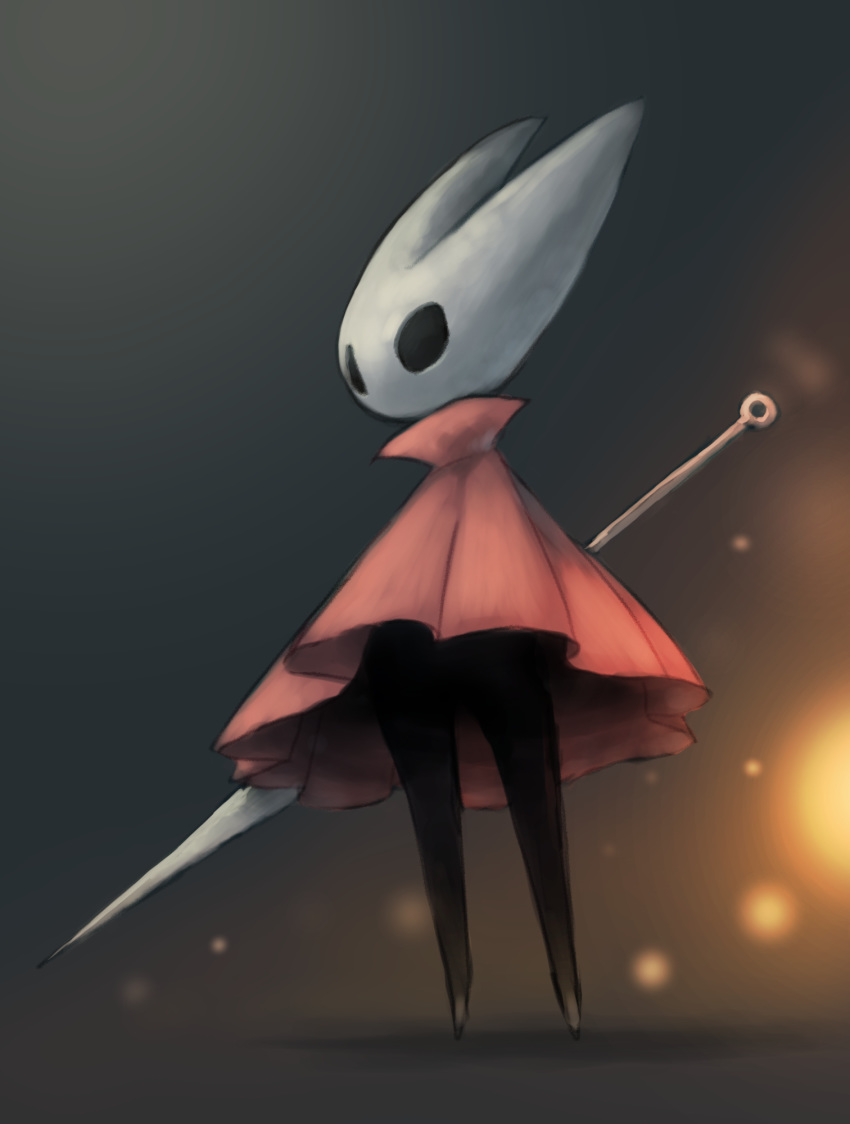 cloak female glowing highres holding holding_weapon hollow_eyes hollow_knight hornet_(hollow_knight) light needle_(hollow_knight) no_humans okame_nin red_cloak solo standing weapon