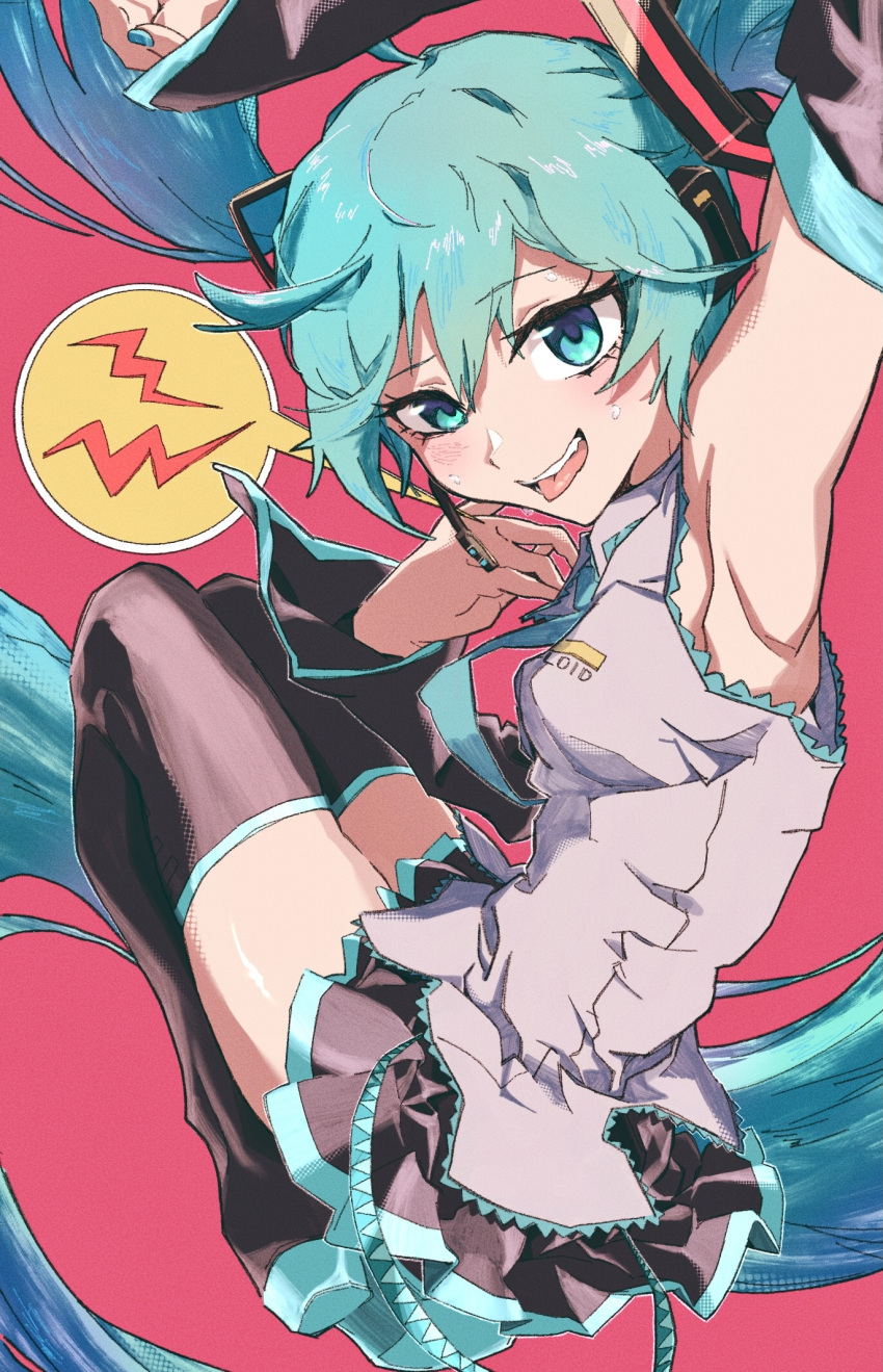 aqua_eyes aqua_hair aqua_nails arm_up armpits bloom_into_me15 boots commentary female hatsune_miku headgear highres long_hair looking_at_viewer nail necktie open_mouth pink_background simple_background skirt sleeveless solo speech_bubble spoken_lightning_bolt sweat thigh_boots tongue tongue_out twintails very_long_hair vocaloid zettai_ryouiki