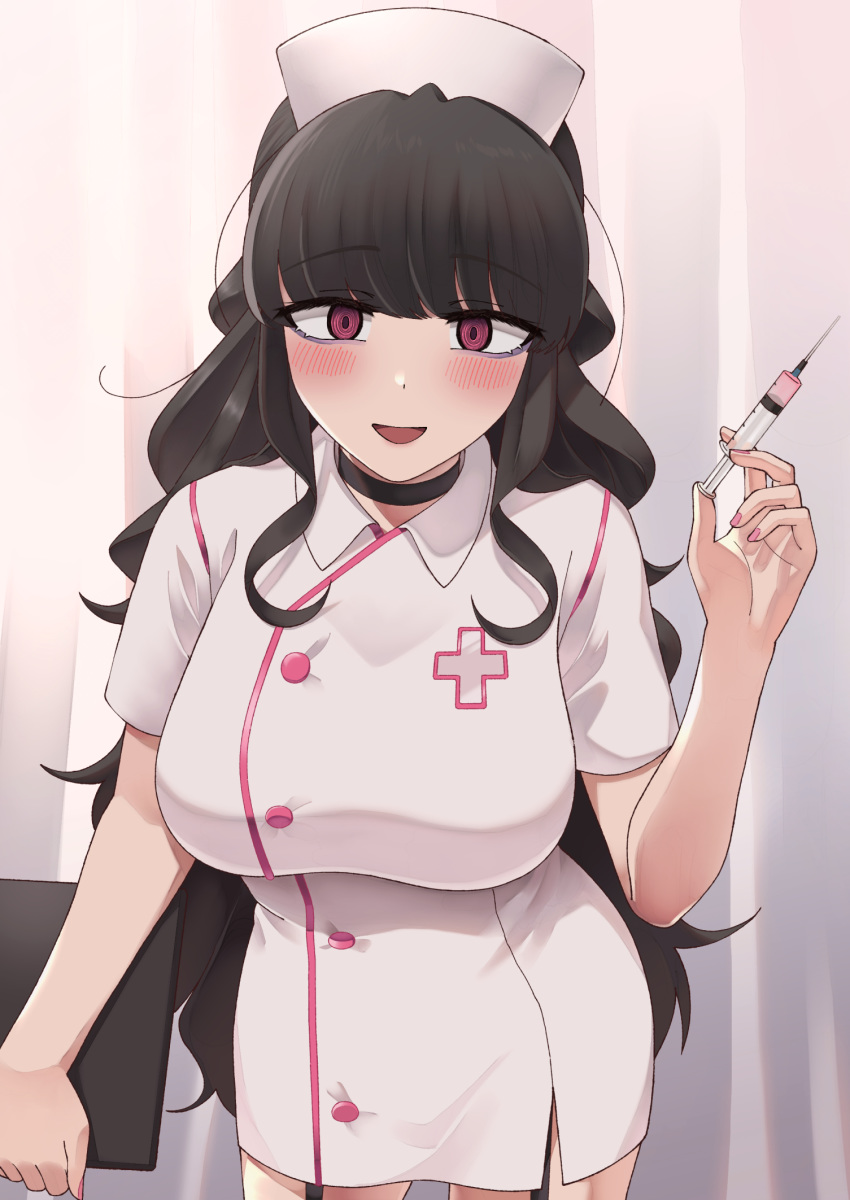 black_choker black_hair blunt_bangs blush breasts choker clipboard commentary_request dress female garter_straps hat highres holding korean_commentary large_breasts long_hair nakta nurse nurse_cap open_mouth original purple_eyes short_dress short_sleeves solo syringe white_dress white_hat you're_under_my_skin!