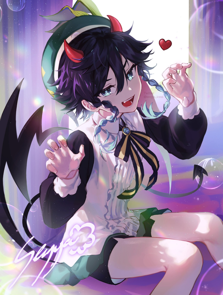 1boy absurdres artist_name beret bishounen black_hair blue_hair braid commentary demon_boy demon_horns genshin_impact gradient_hair green_hat hat heart highres horns ice_s_s_z long_sleeves looking_at_viewer male_focus multicolored_hair open_mouth short_hair_with_long_locks smile solo symbol-only_commentary teeth twin_braids venti_(genshin_impact) venti_(halloween)_(genshin_impact)