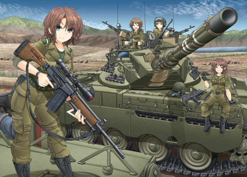 4girls =_= ^_^ absurdres ammunition_pouch arm_support averting_eyes battle_rifle belt belt_pouch black_footwear black_gloves blonde_hair blue_eyes blue_sky blush boots breasts brown_hair brown_jacket brown_pants browning_m2 buttons canteen caterpillar_tracks chevron_(symbol) closed_eyes cloud collared_jacket combat_boots contrapposto cross-laced_footwear day eyes_visible_through_hair facing_viewer fatigues feet_out_of_frame fn_mag full_body gloves goggles goggles_on_headwear grass green_belt green_shirt grin gun hand_up hatch heavy_machine_gun helmet highres holding holding_canteen holding_gun holding_weapon imi_galil_galatz israel israel_defense_forces jacket looking_afar looking_at_viewer looking_to_the_side low_ponytail machine_gun medium_breasts medium_hair merkava_(tank) mikeran_(mikelan) military military_jacket military_uniform military_vehicle monocular motor_vehicle mountain multiple_girls oerba_yun_fang on_vehicle open_collar open_hatch open_mouth original outdoors pants pants_tucked_in pocket pouch radio_antenna red_eyes rifle shirt short_hair shoulder_boards sitting sky sleeves_rolled_up smile sniper_rifle soldier standing submachine_gun sweatdrop tank tank_helmet teeth trigger_discipline undershirt uniform unworn_goggles unworn_headwear uzi v water weapon