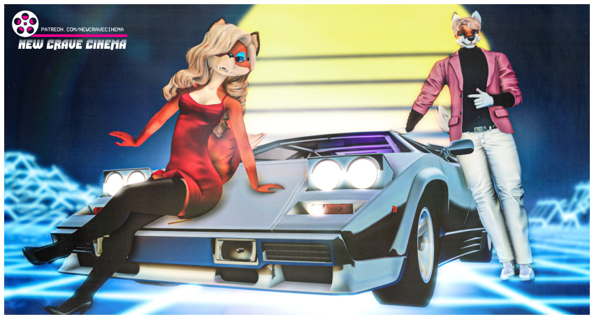 3d_(artwork) absurd_res canid canine clothing digital_media_(artwork) female fox hemms hi_res lamborghini_countach mammal new_crave_cinema overalls pixelated retro second_life smile stacy_kotlowski